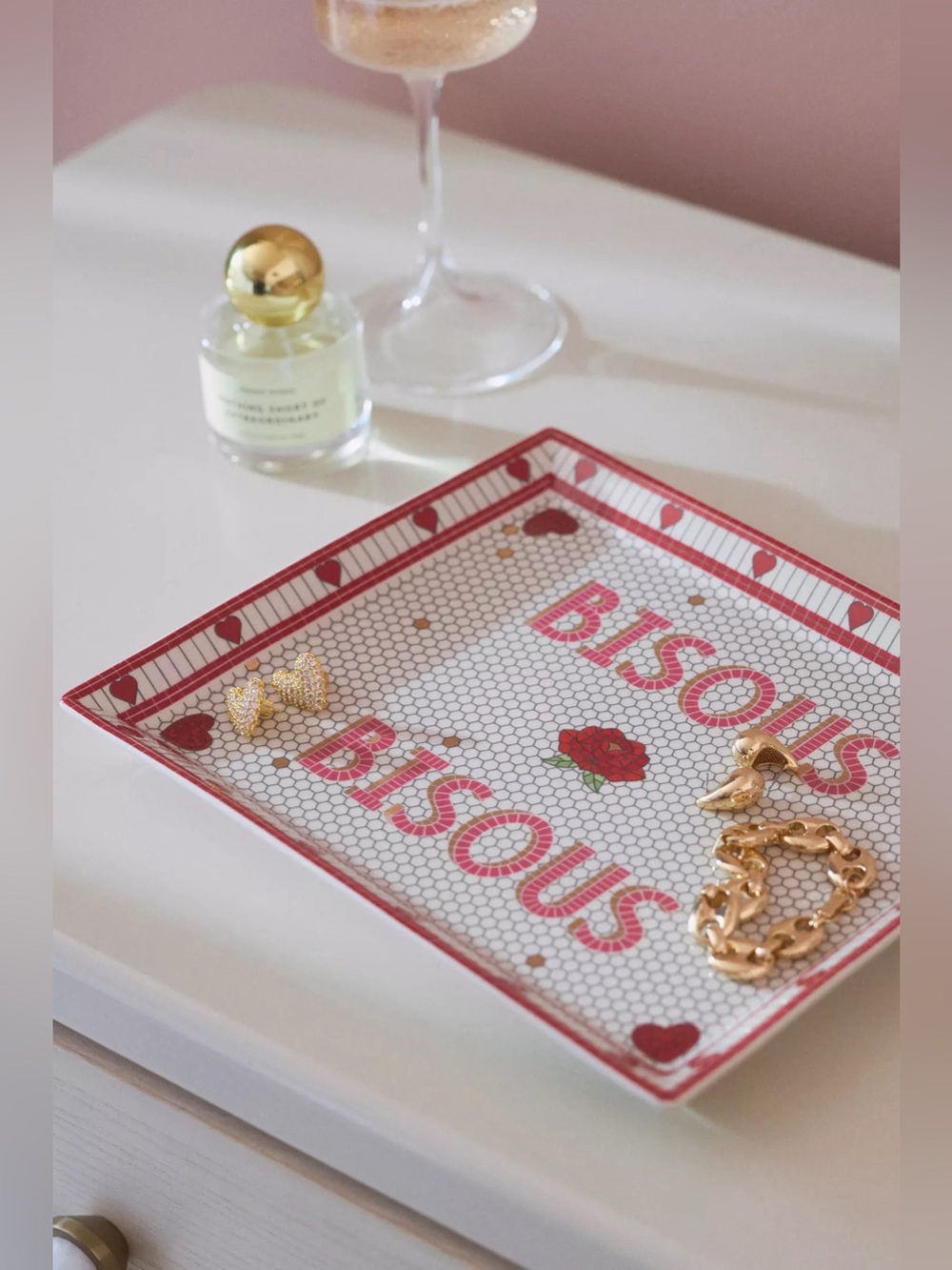 NEW Anthropologie Bistro Tile Stoneware 24k Gold Accent Vanity Tray Rose Edition - Picture 2 of 8